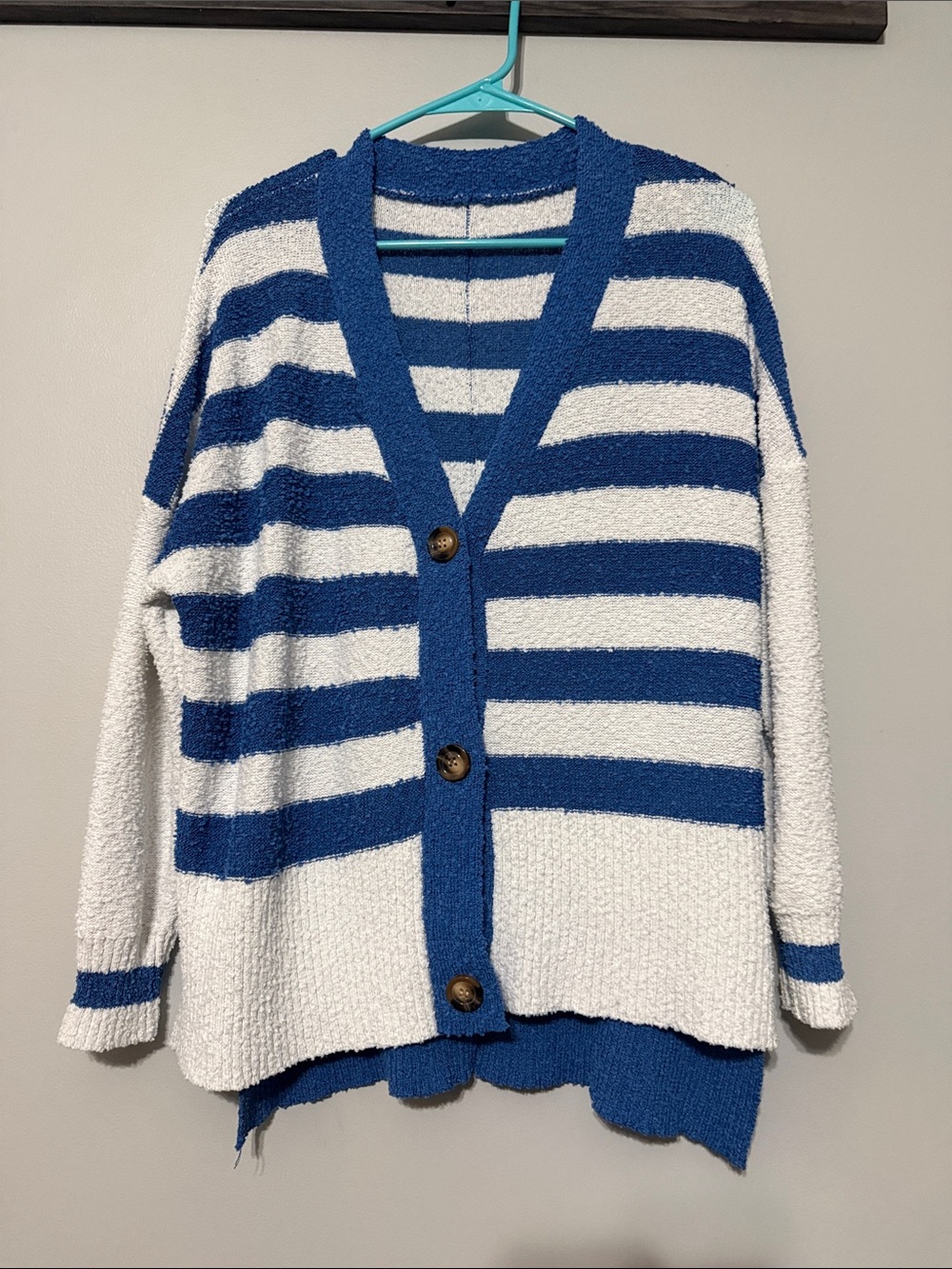 Striped Blue and White Button-Front Women's Sweater
